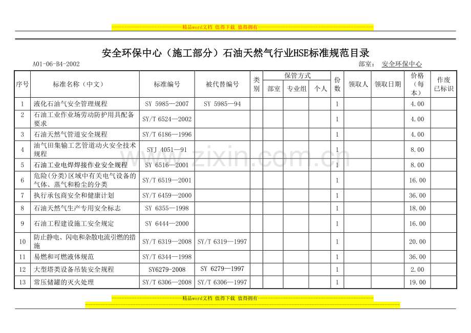 安全环保中心(施工部分)石油天然气行业HSE标准目录-090828.doc_第1页