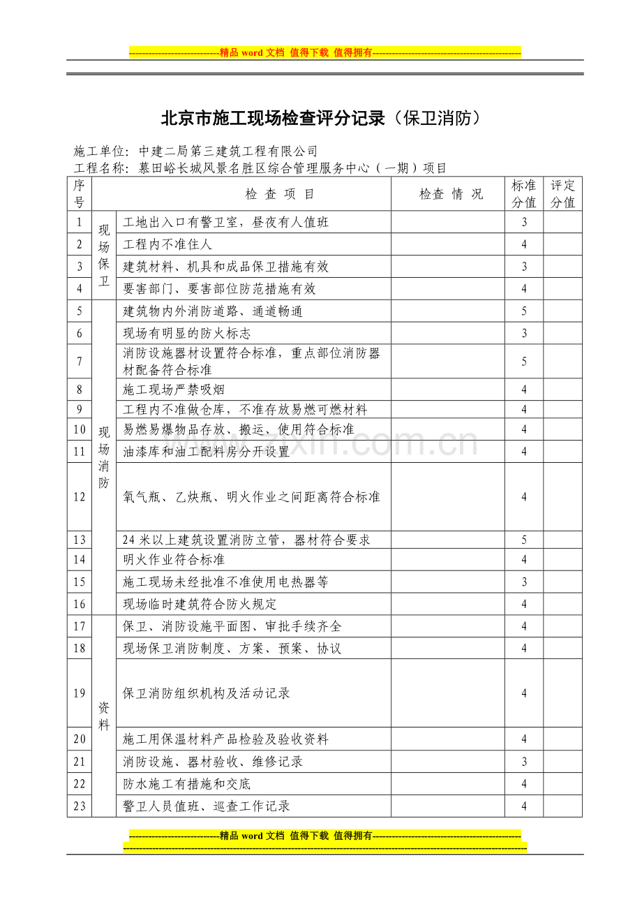 北京市施工现场检查评分记(保卫消防).doc_第1页