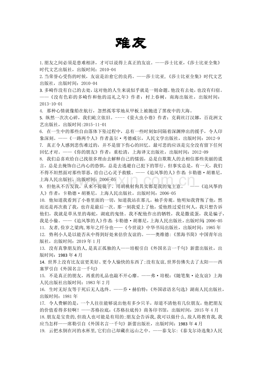 世界名人名言-中国格言-友谊篇-难友.docx_第1页