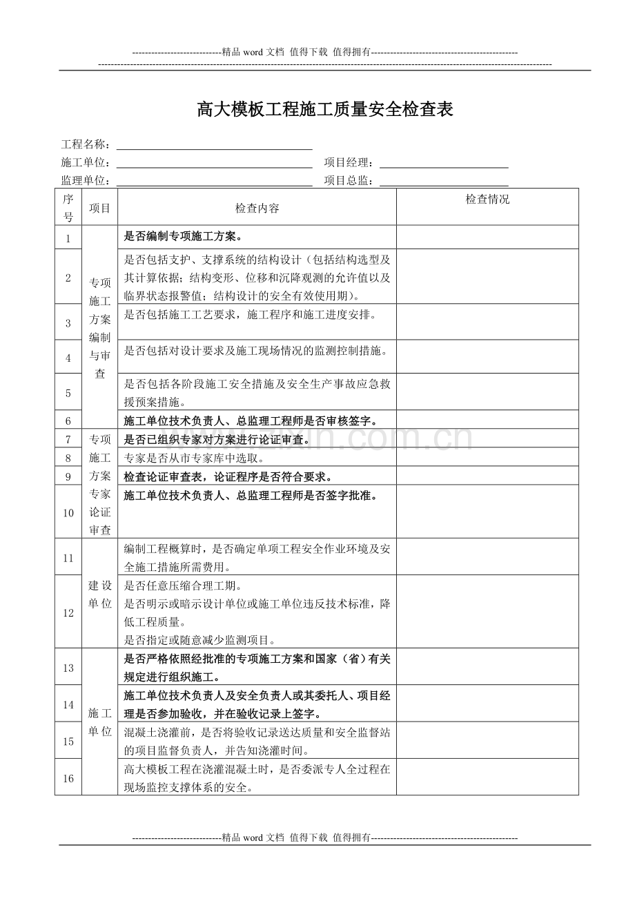 高大模板工程施工质量安全检查表.doc_第1页