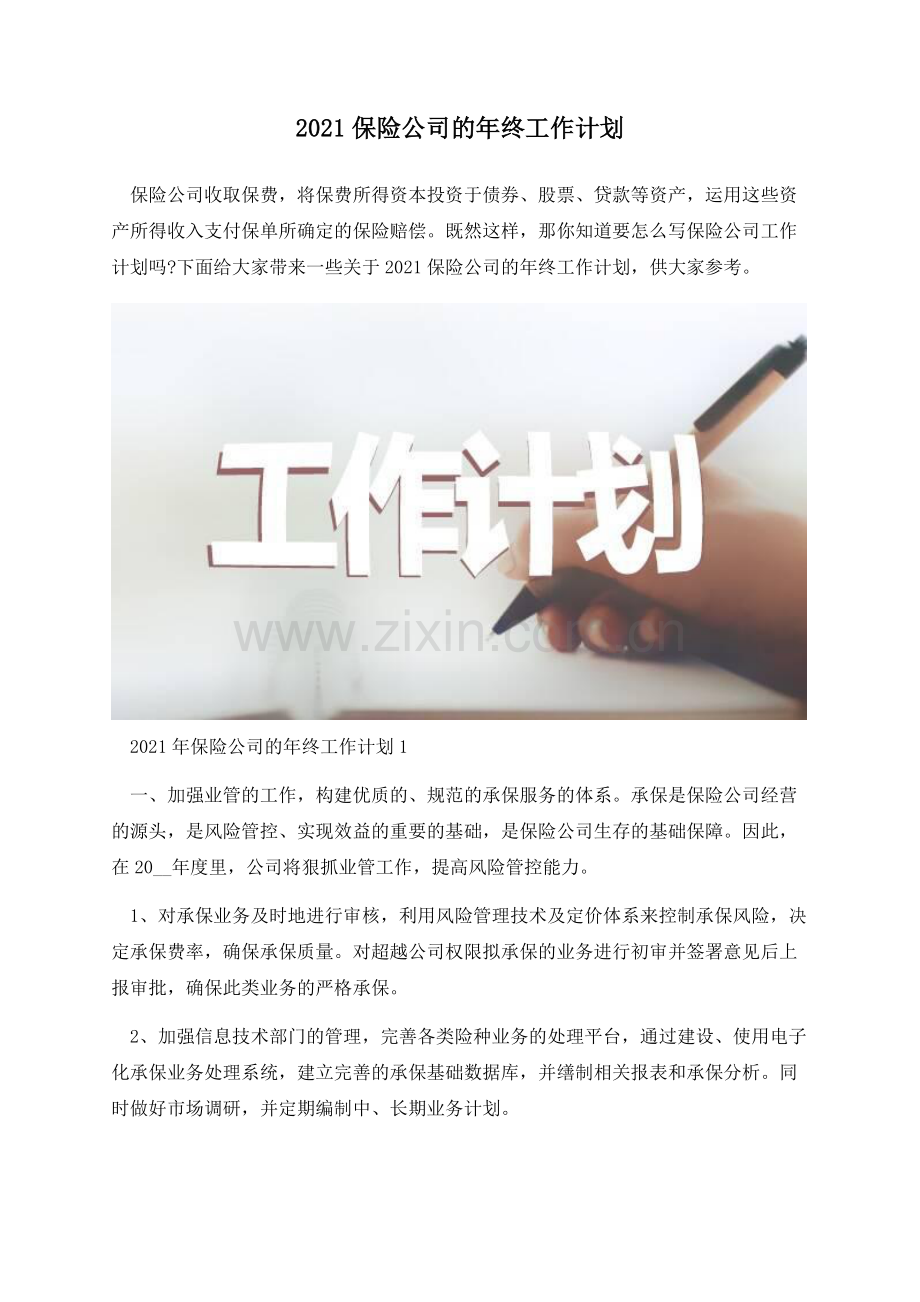 2021保险公司的年终工作计划.docx_第1页