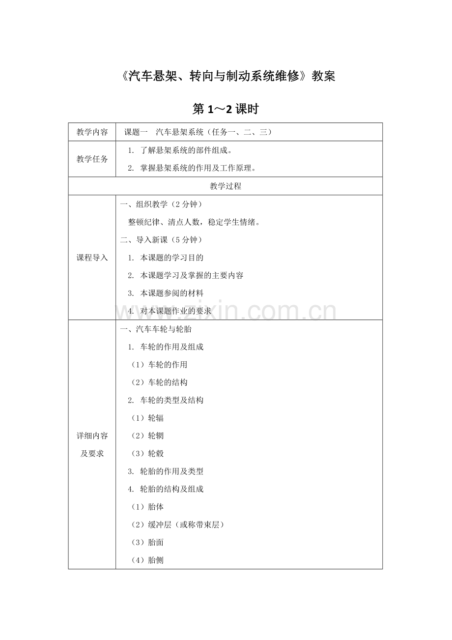 《汽车悬架、转向与制动系统维修》教案.docx_第1页