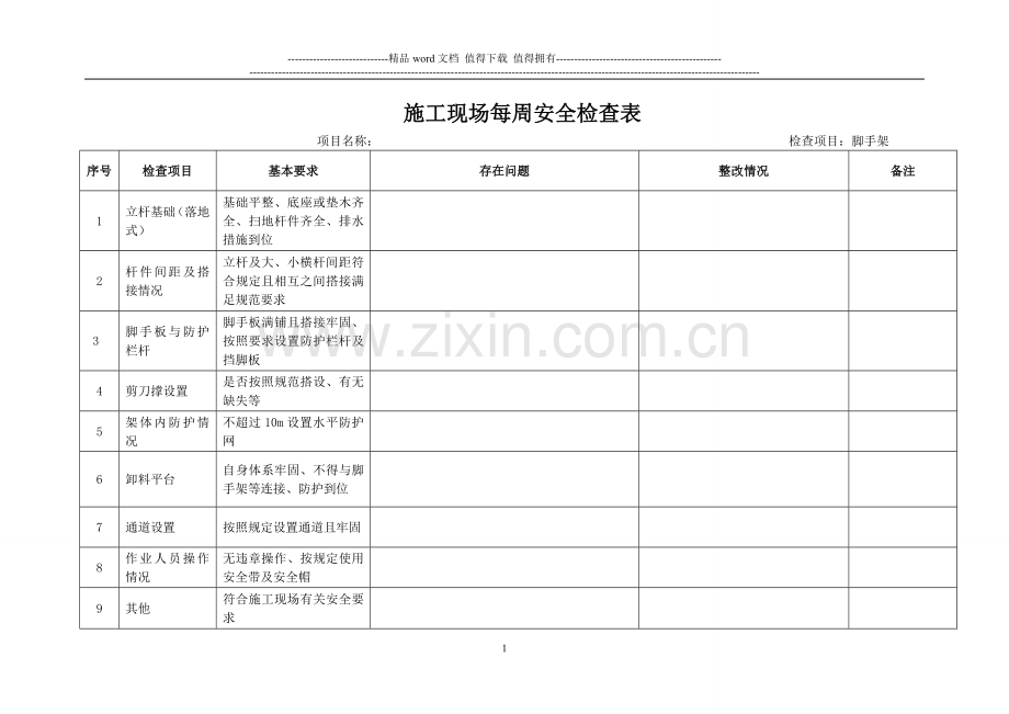 施工现场每周安全检查表-多页.doc_第1页