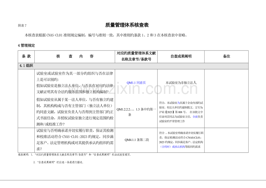 附表质量管理体系核查表填写模板.doc_第1页