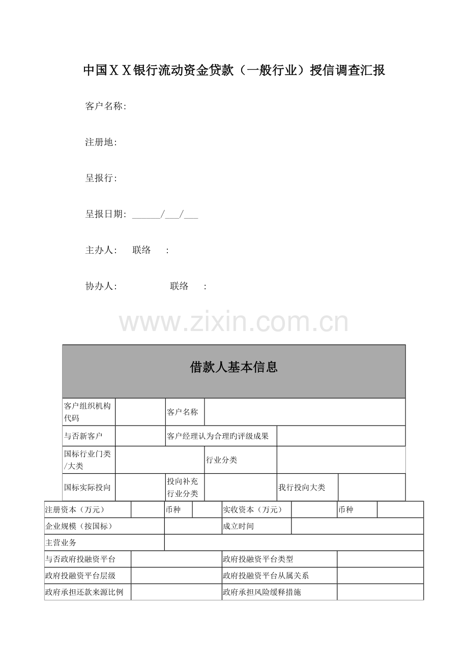 银行流动资金贷款一般行业授信调查报告模版.docx_第1页