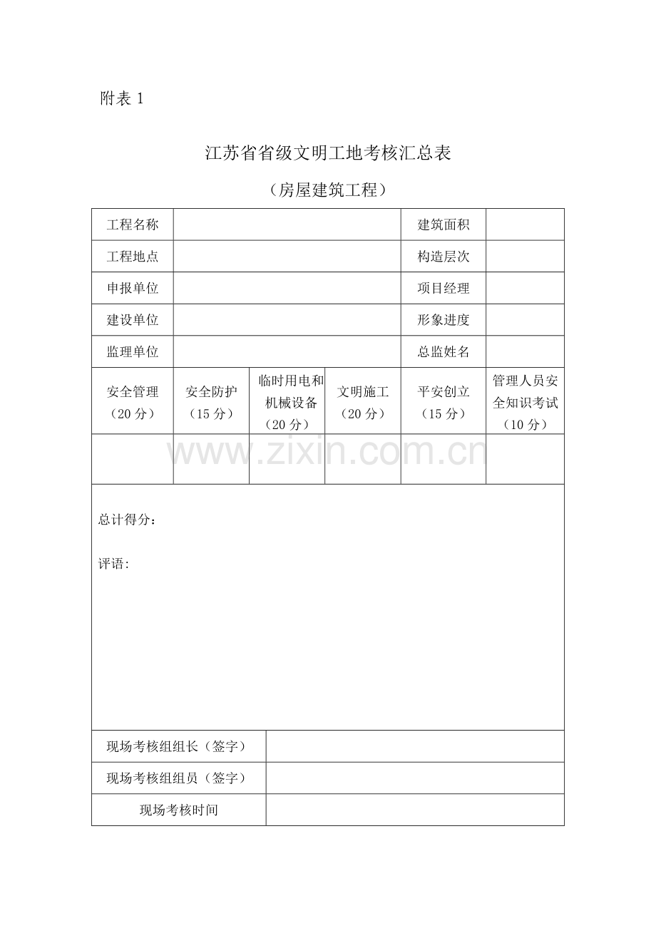 江苏省建筑施工省级文明工地现场安全考核评分表(房屋建筑工程).doc_第1页