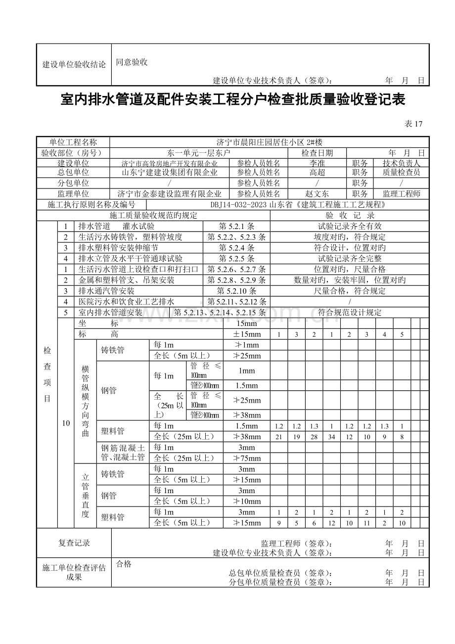 表室内排水管道及配件安装工程分户检验批质量验收记录表.doc_第2页