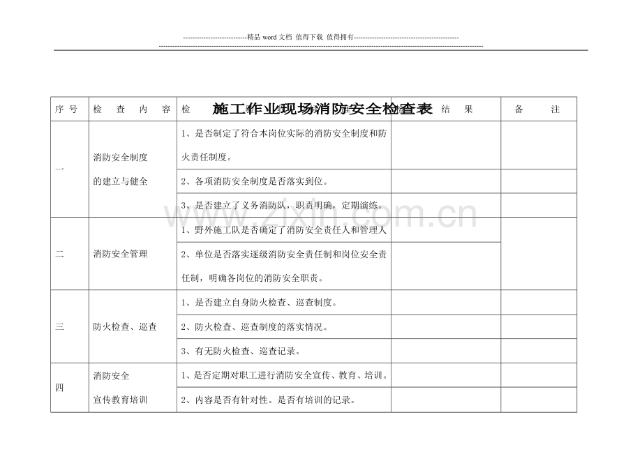 施工作业现场消防安全检查表.doc_第1页