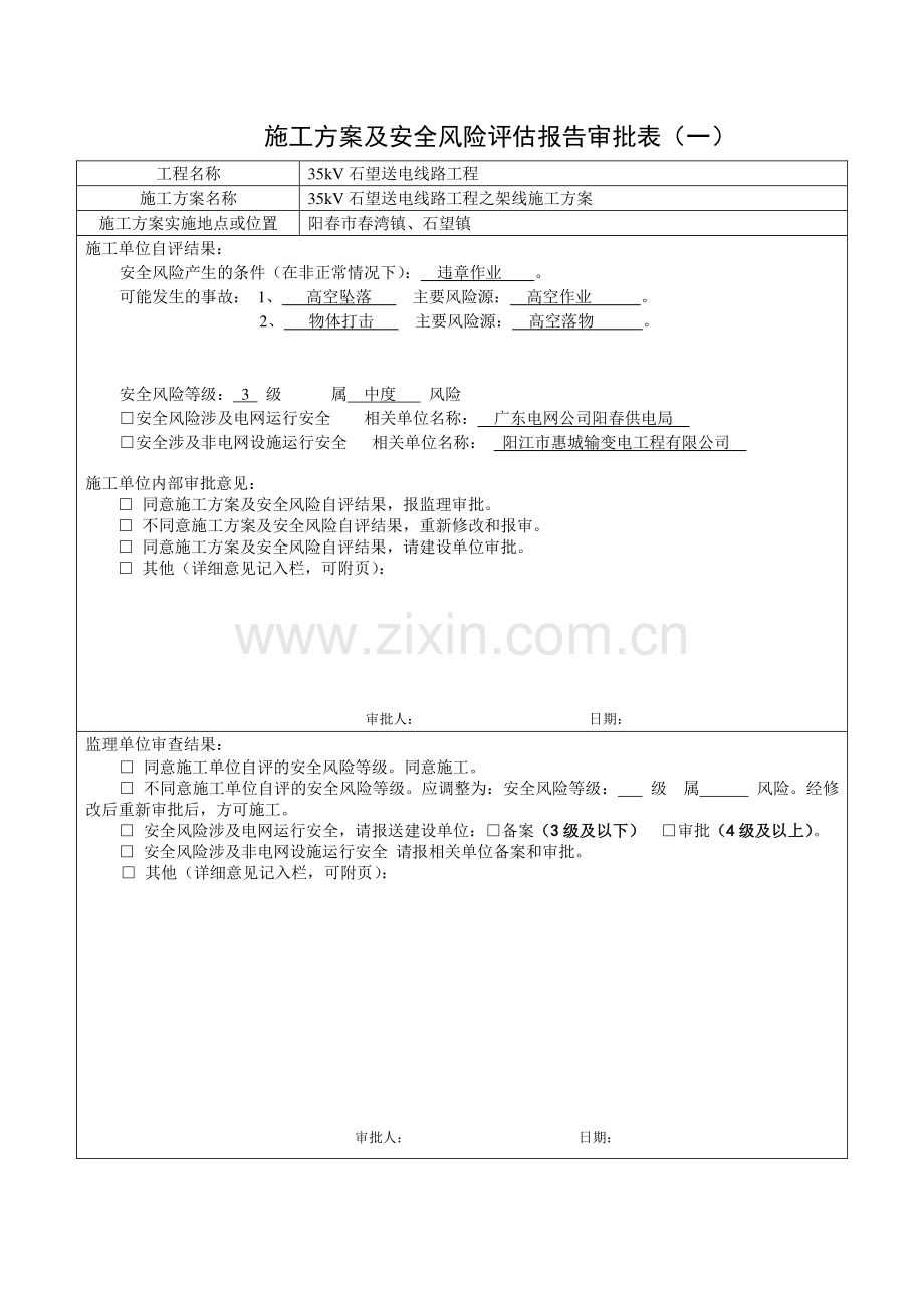 施工方案及安全风险评估报告审批表.doc_第1页