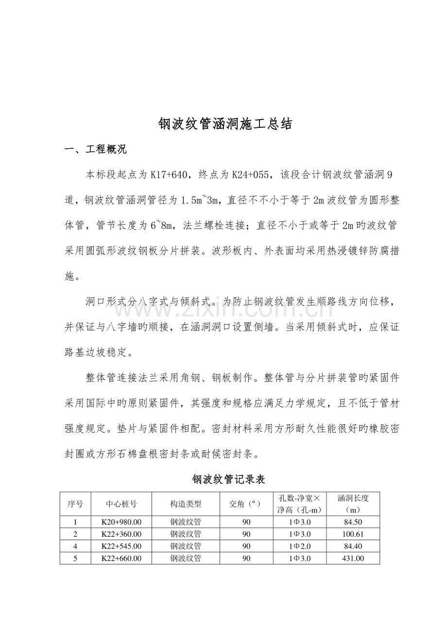 钢波纹管涵洞施工总结模板.doc_第1页