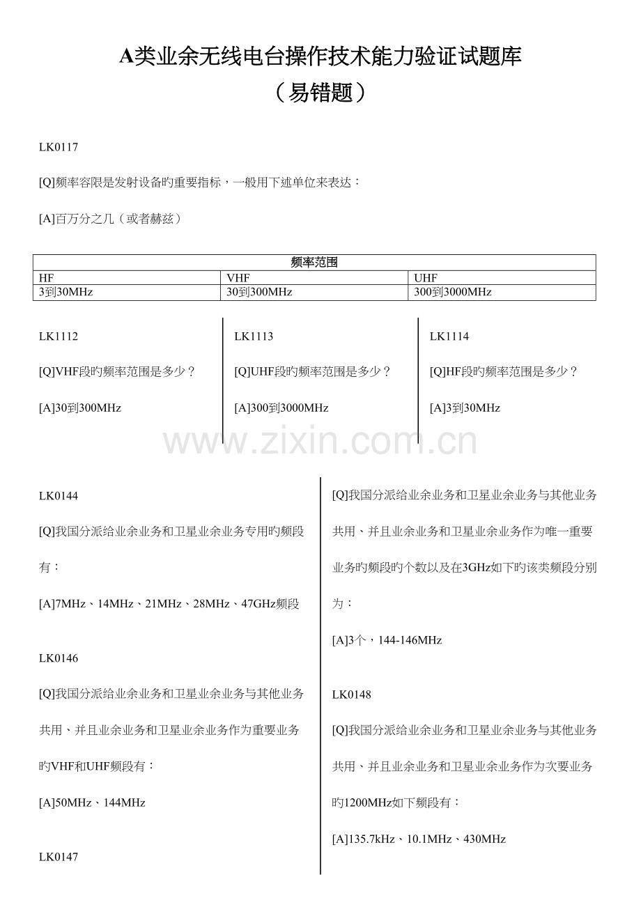 2023年A类业余无线电台操作技术能力验证试题库易错题.docx_第1页