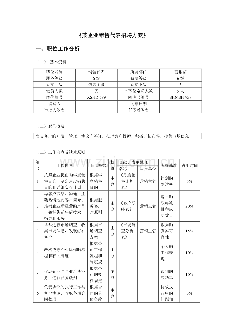 公司销售代表招聘方案doc.doc_第1页