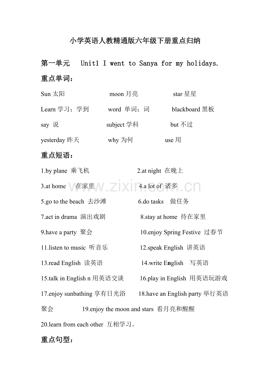 2023年小学英语人教精通版六年级下册重点归纳.docx_第1页