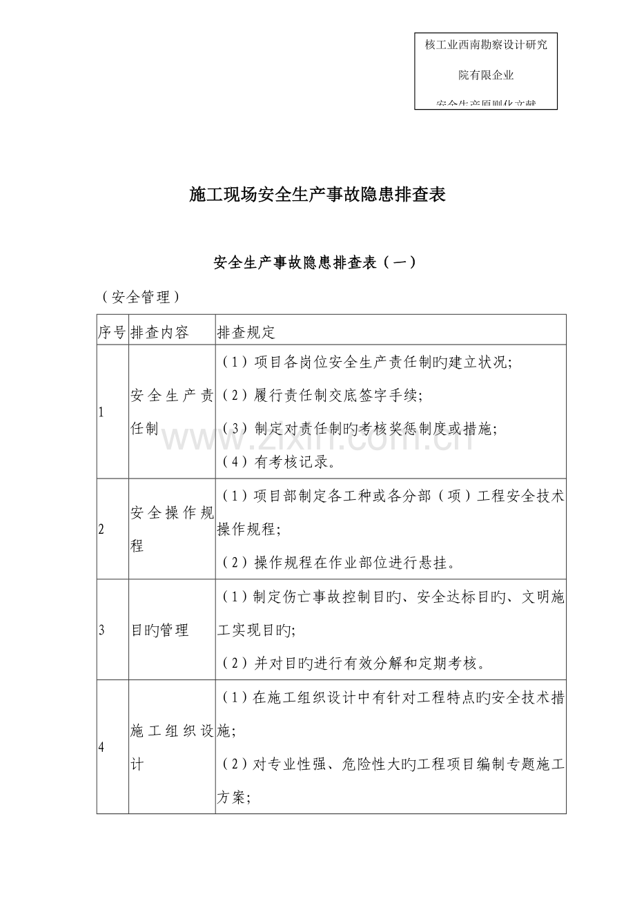 安全生产标准化资料施工现场安全生产事故隐患排查表.doc_第1页