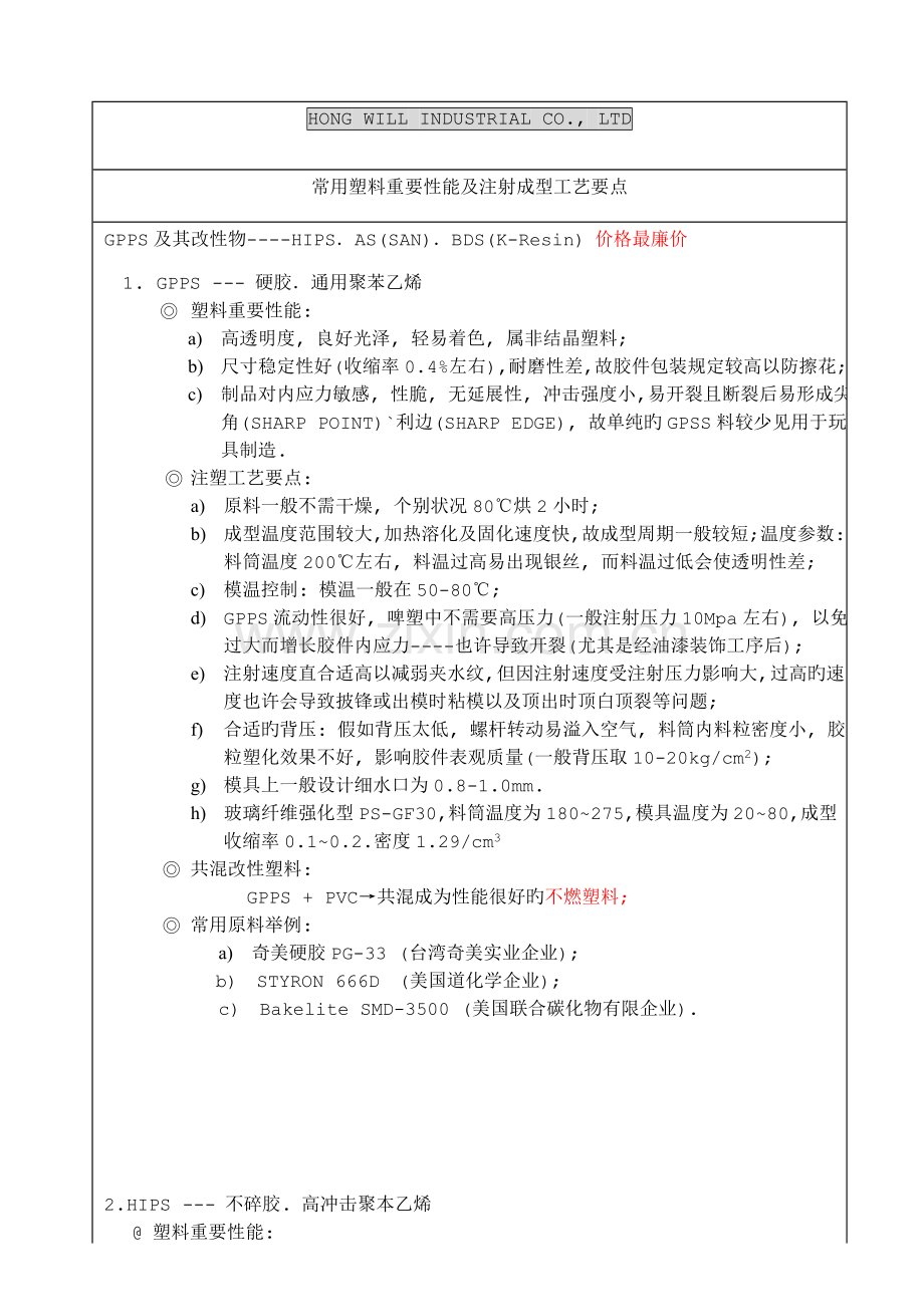 常用塑料主要性能及注射成型工艺.doc_第1页