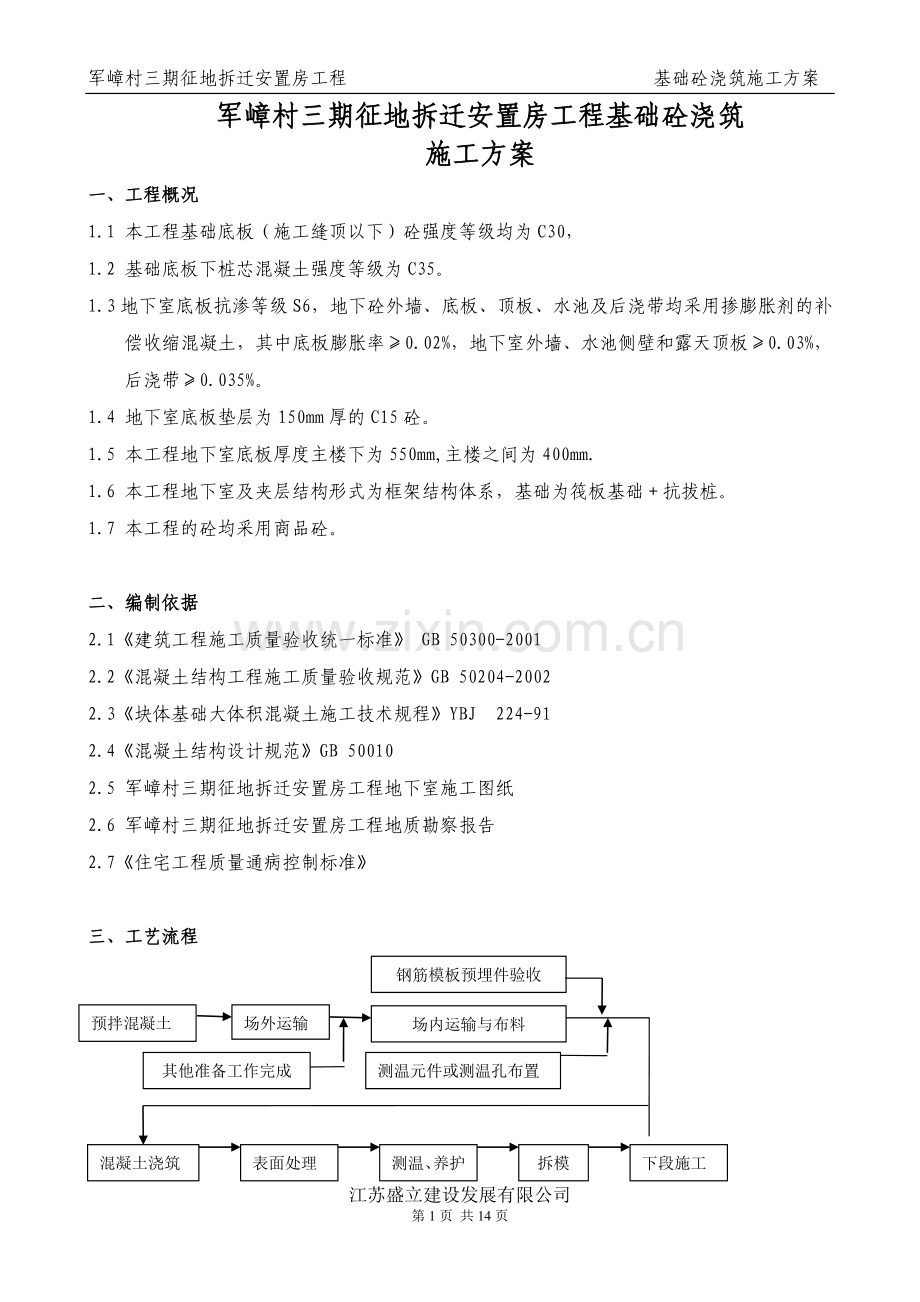 军嶂村三期征地拆迁安置房基础砼浇筑施工方案.doc_第1页