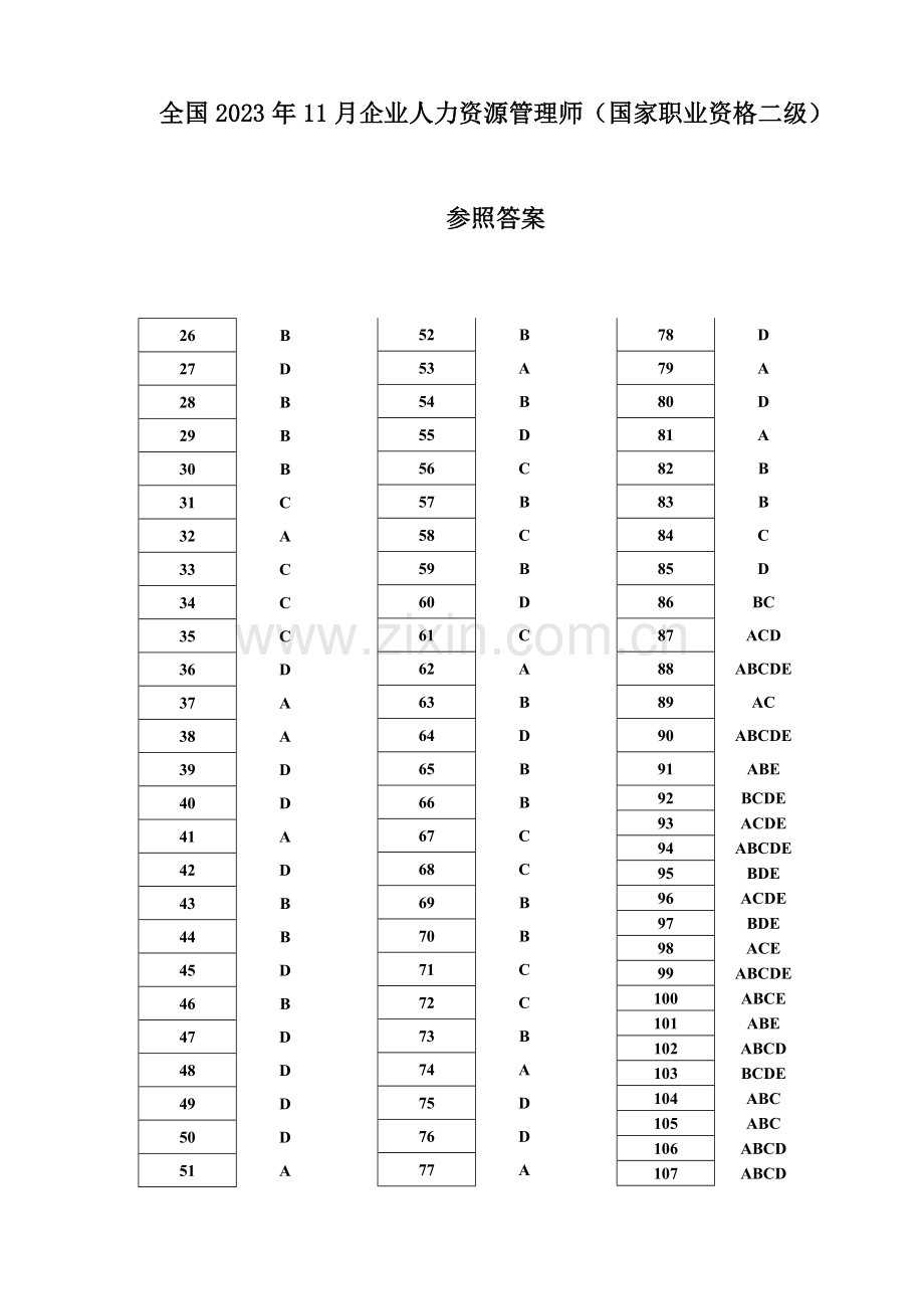 2023年全国11月人力资源管理师二级考试试题答案.doc_第1页