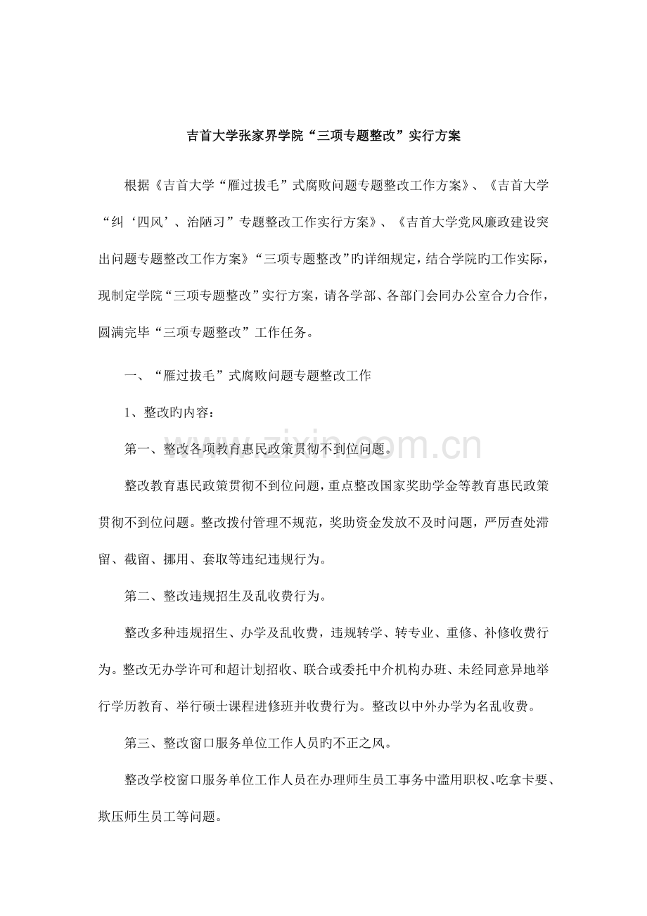 吉首大学张家界学院三项专项整治实施方案.docx_第1页