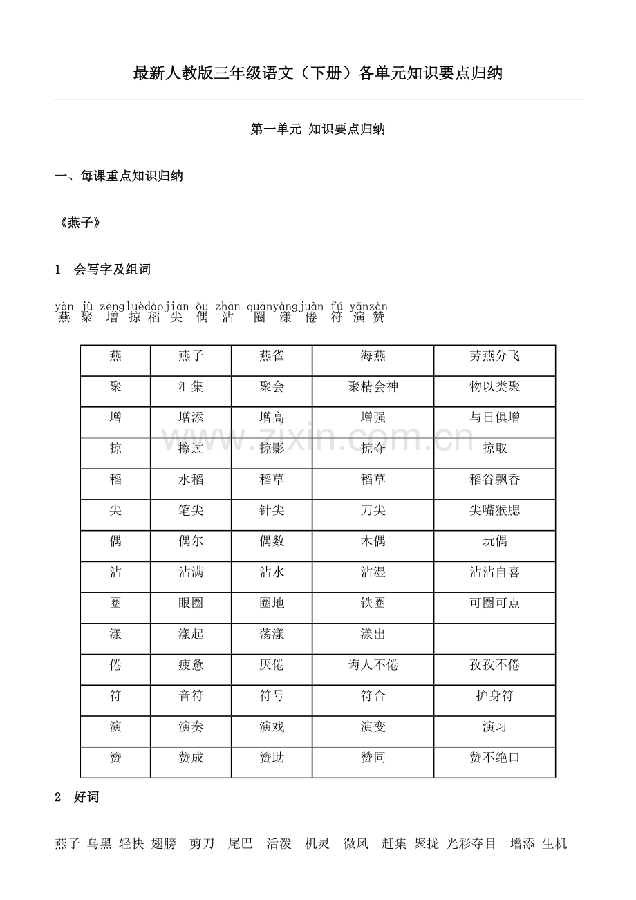 2023年人教版三年级语文下册各单元知识要点归纳.docx_第1页