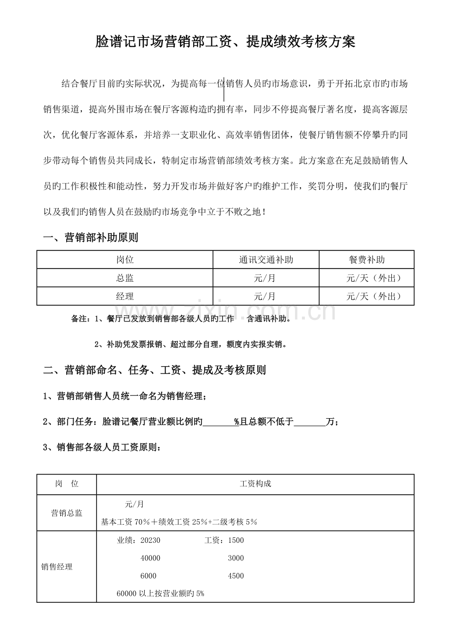 市场营销部工资及提成方案.doc_第1页