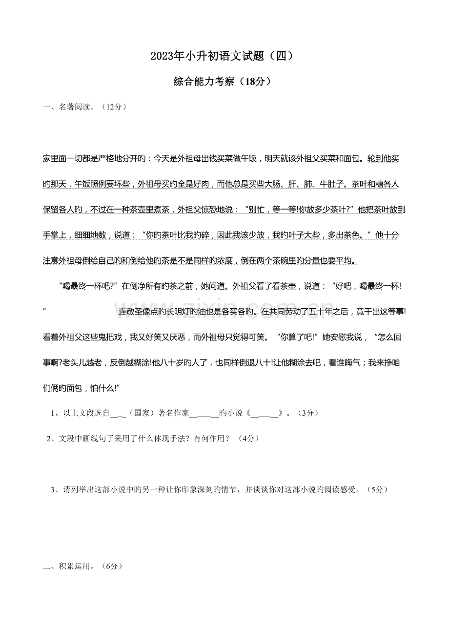 2023年小升初语文训练真题试卷.doc_第1页