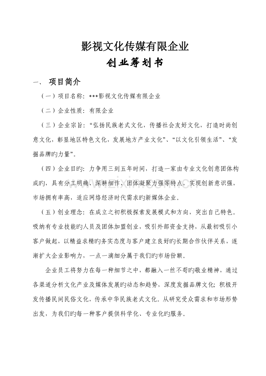 影视文化传媒有限公司创业策划书精讲.doc_第1页