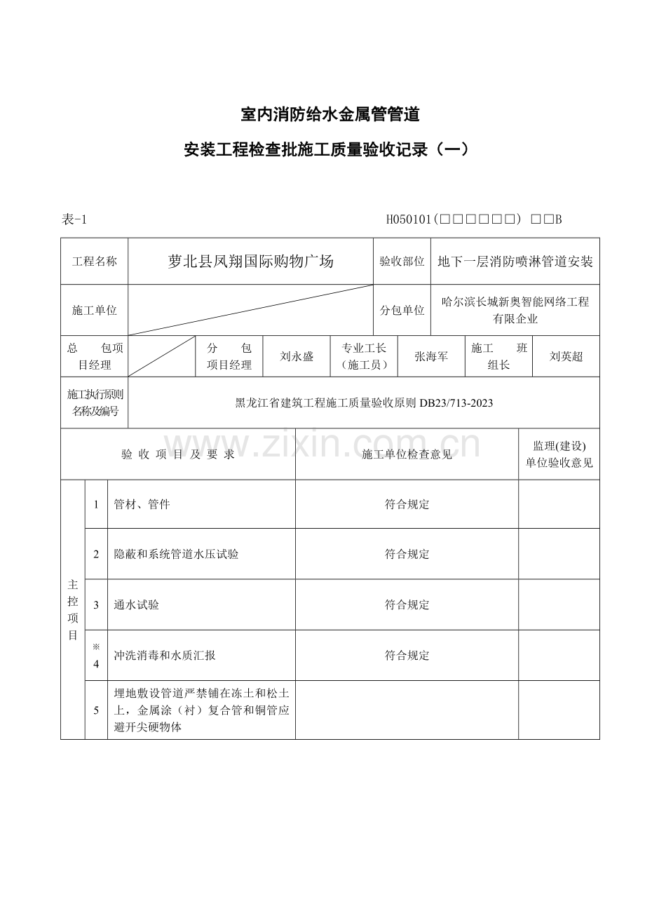 消防喷淋管道安装工程检验批施工质量验收记录.doc_第1页