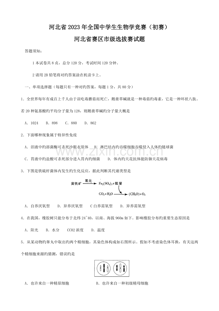 2023年河北省全国中学生生物学竞赛初赛.doc_第1页