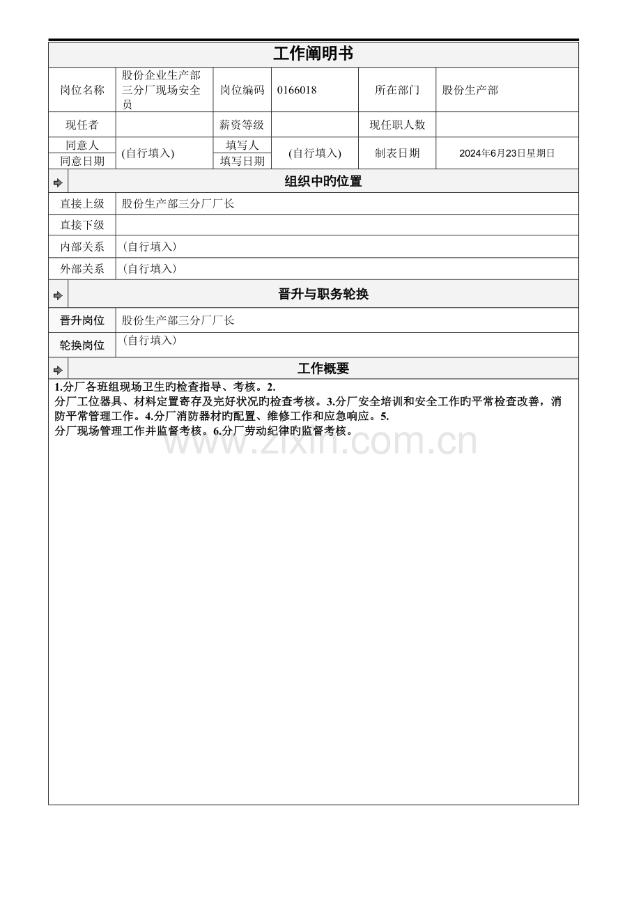 2023年股份公司生产部三分厂现场安全员工作说明书.doc_第1页