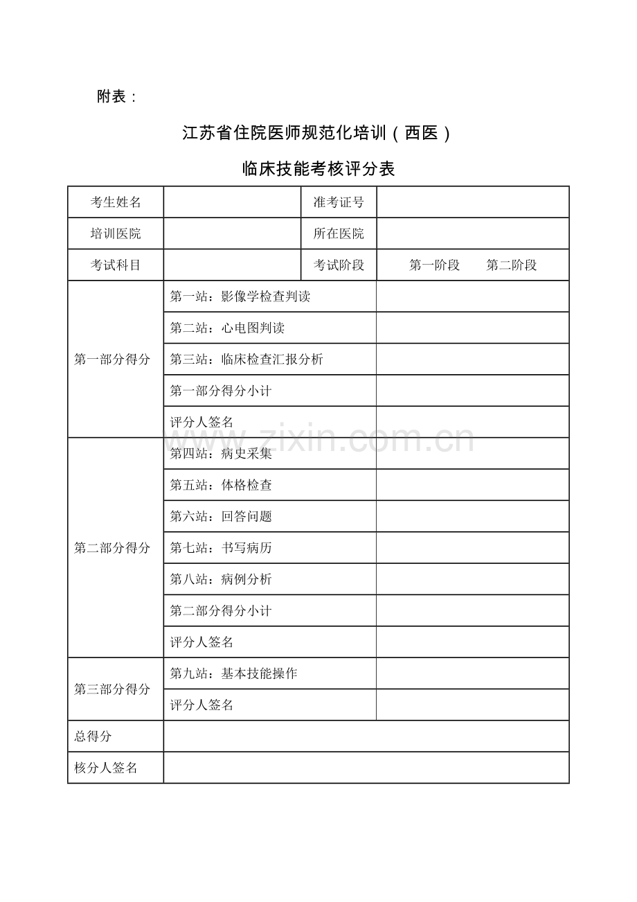 2023年江苏省住院医师规范化培训西医临床技能考核评分表.doc_第1页