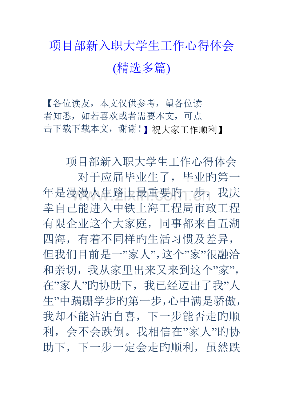 项目部新入职大学生工作心得体会精选多篇.doc_第1页