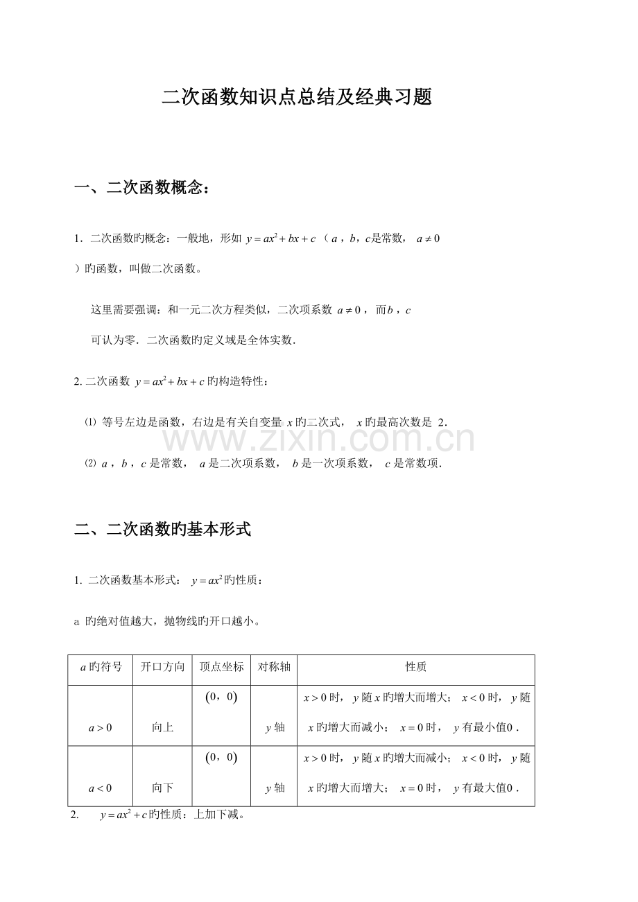 2023年二次函数知识点及经典例题详解最终.docx_第1页