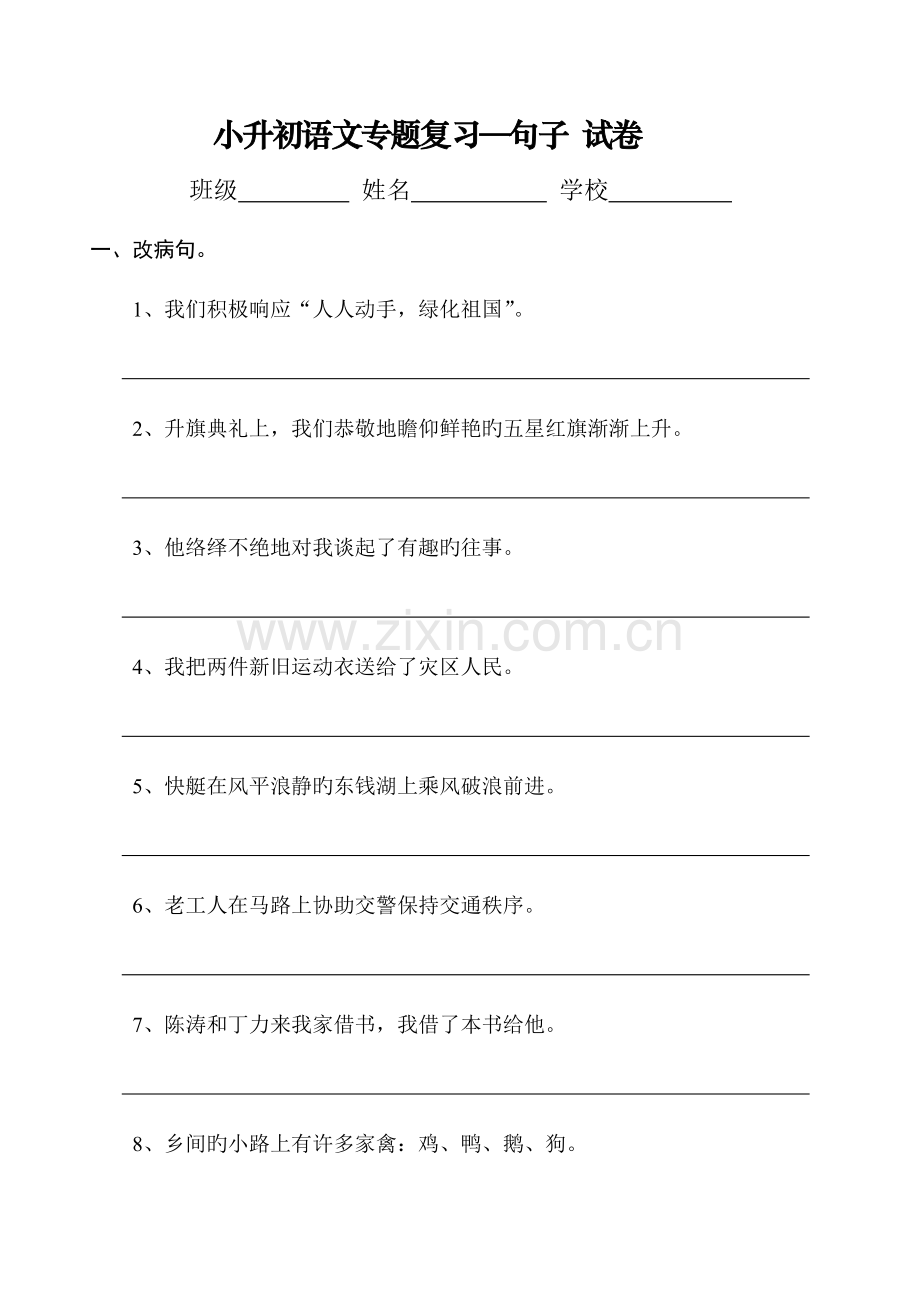 2023年小升初语文专项复习句子试卷.doc_第1页