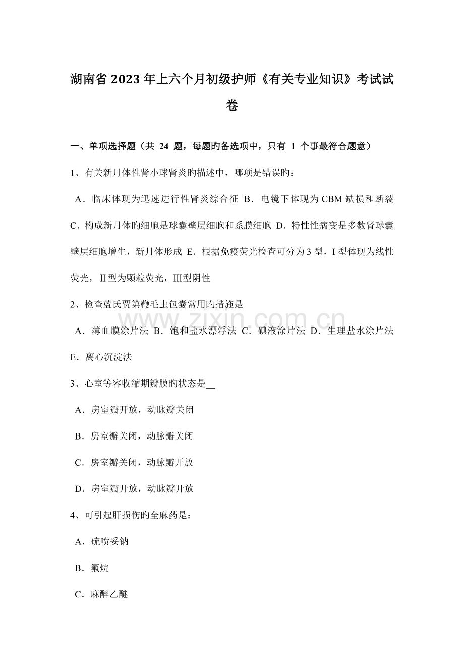 2023年湖南省上半年初级护师相关专业知识考试试卷.docx_第1页