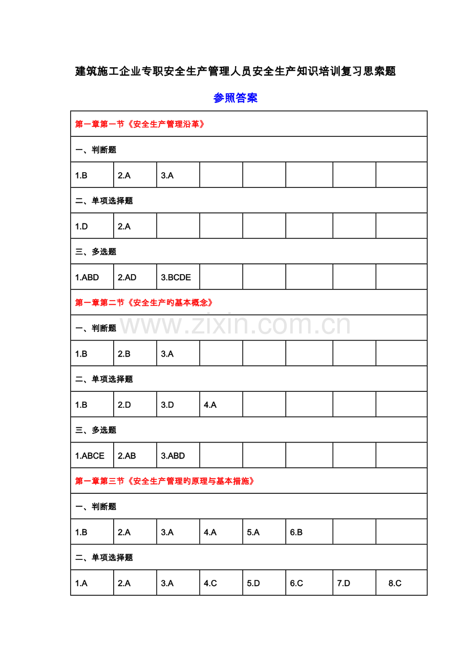 建筑施工企业专职安全生产管理人员安全生产知识培训复习思.doc_第1页