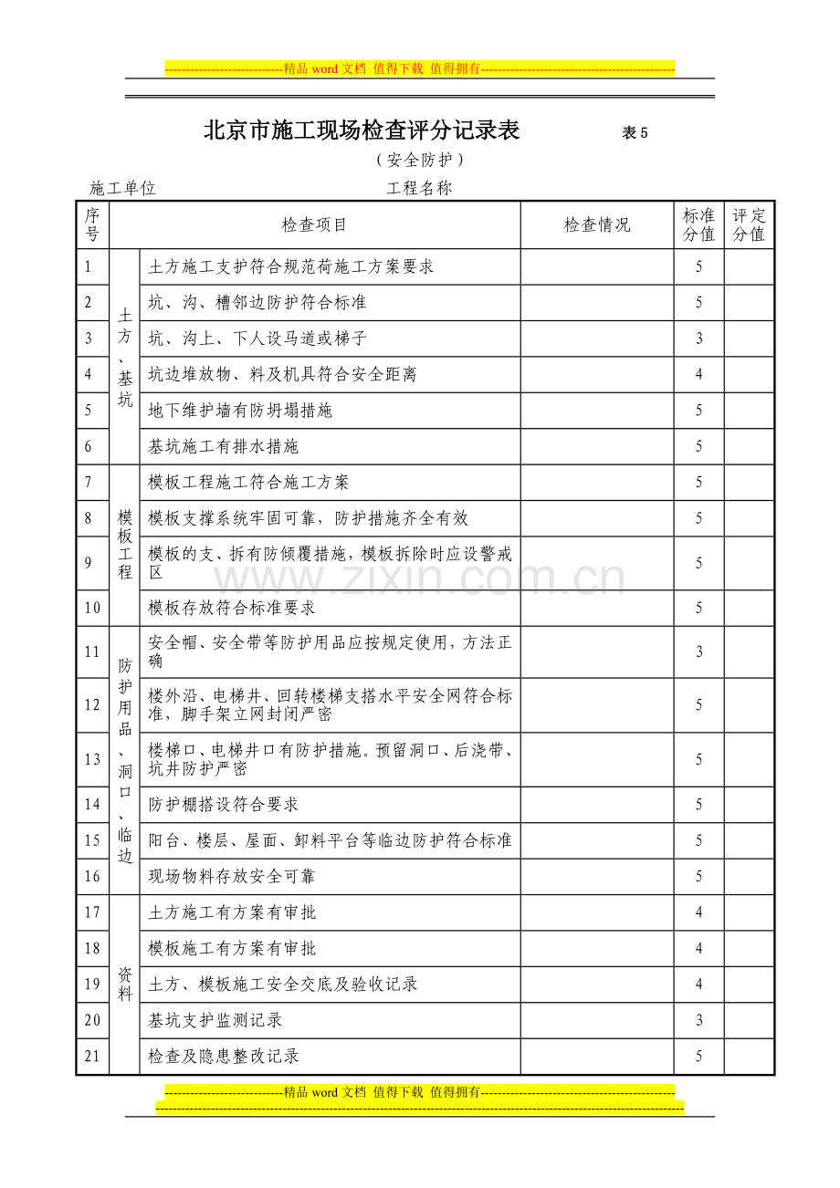 北京市施工现场检查评分记录表表5.doc_第1页