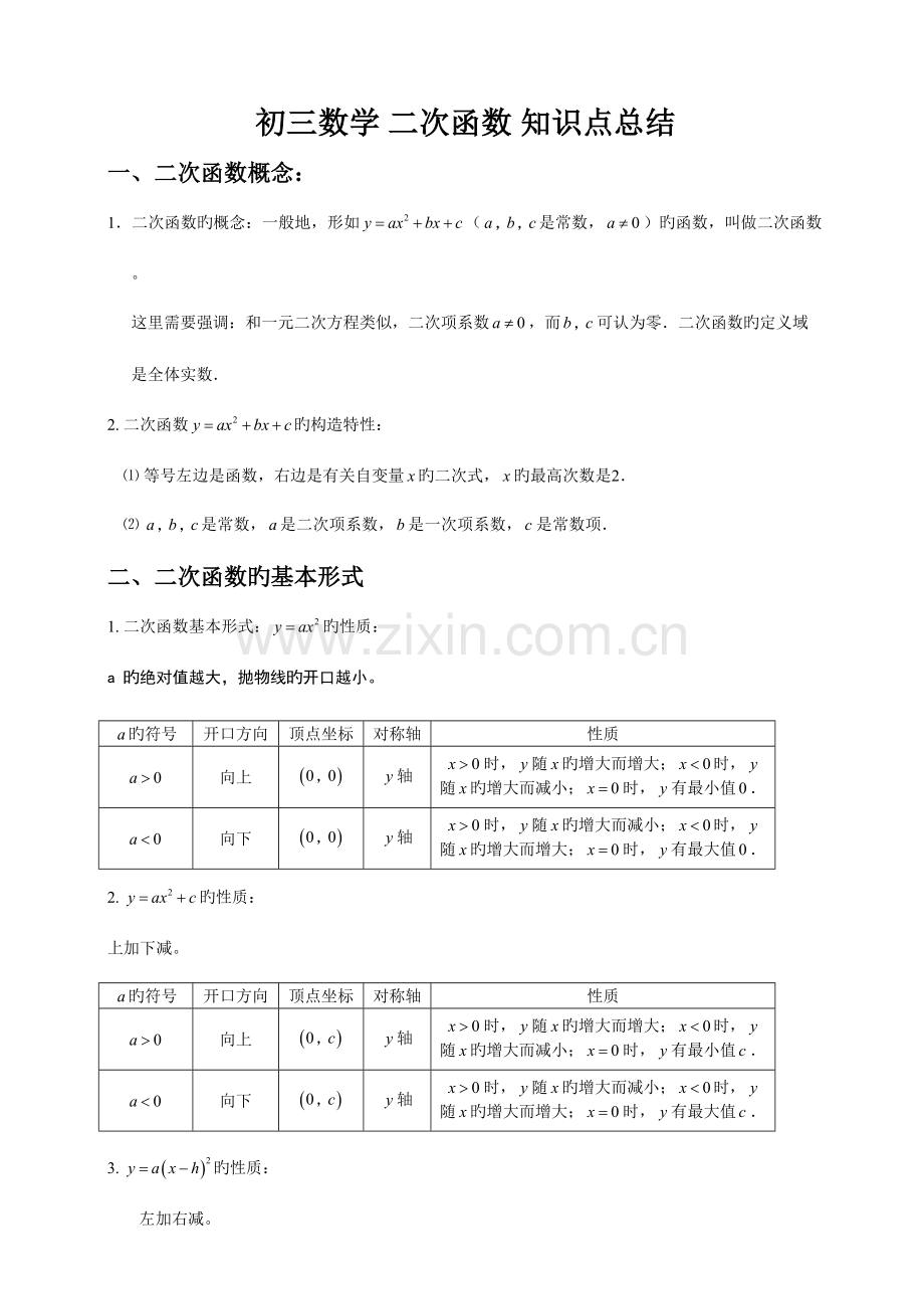 2023年初三数学二次函数知识点总结及经典习题含答案.doc_第1页