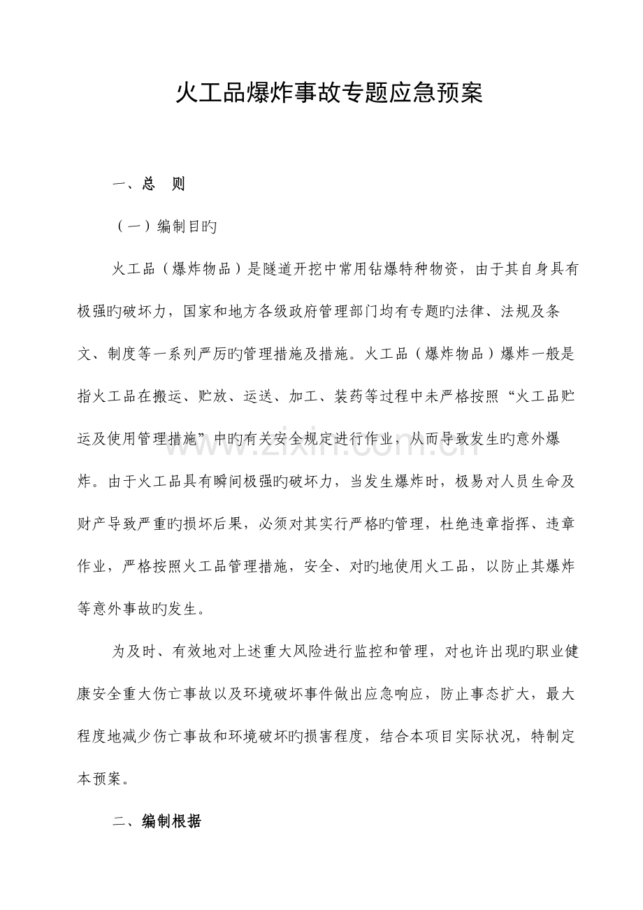 2023年钻爆法施工项目隧道火工品爆炸事故专项应急预案.doc_第1页