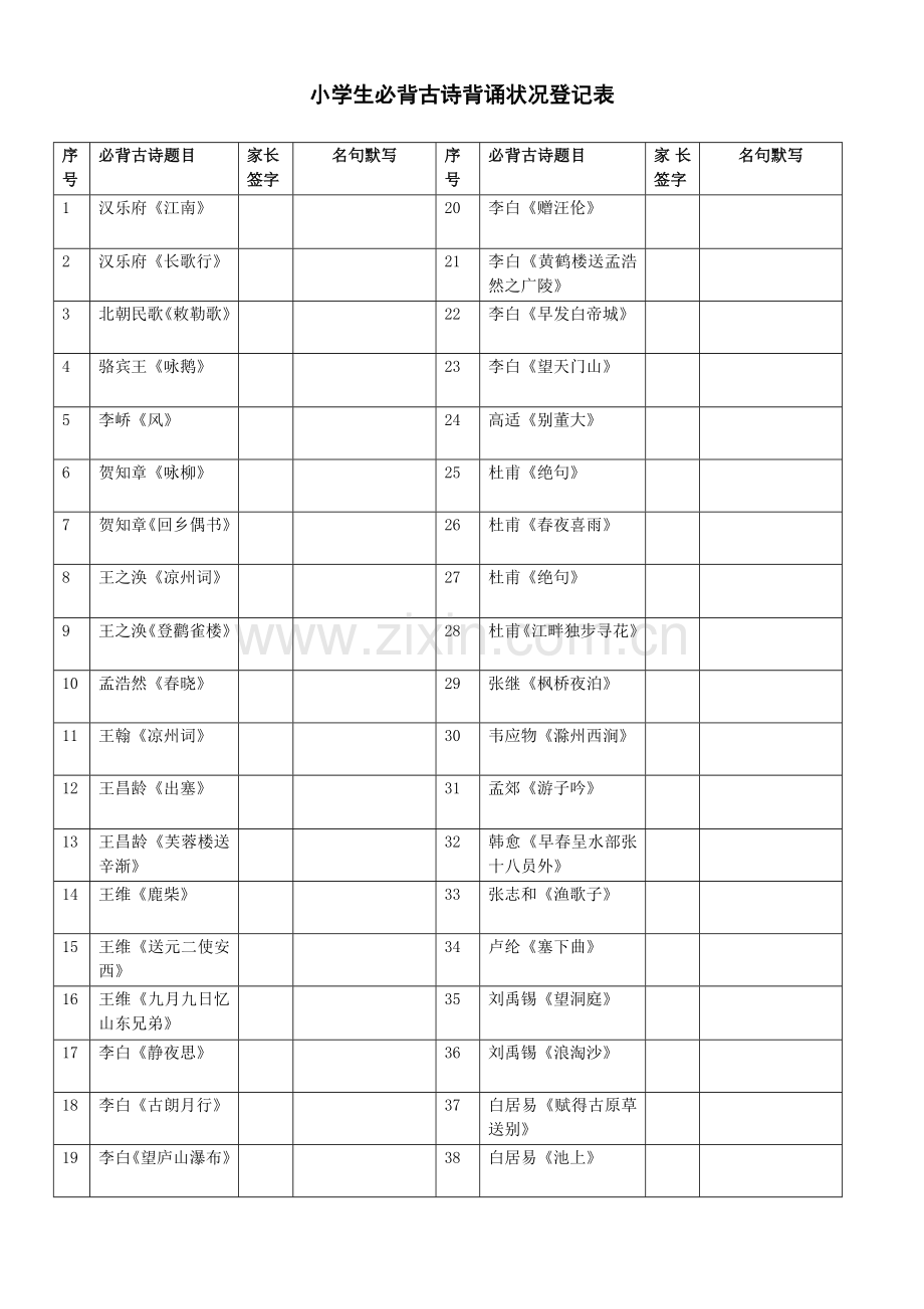 2023年小学生必背古诗首背诵签字表.doc_第1页