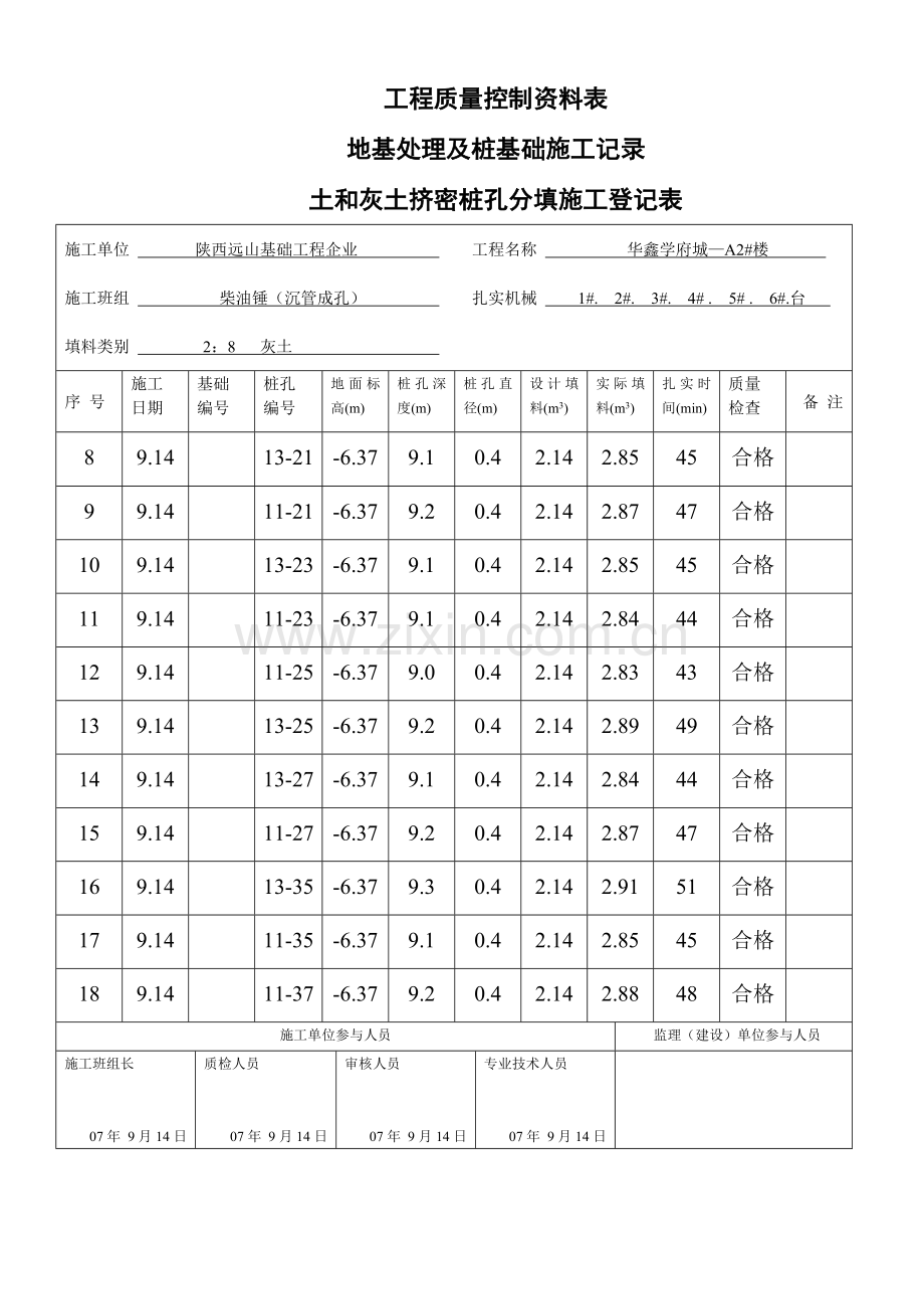 土和灰土挤密桩桩孔分填施工记录表.doc_第1页