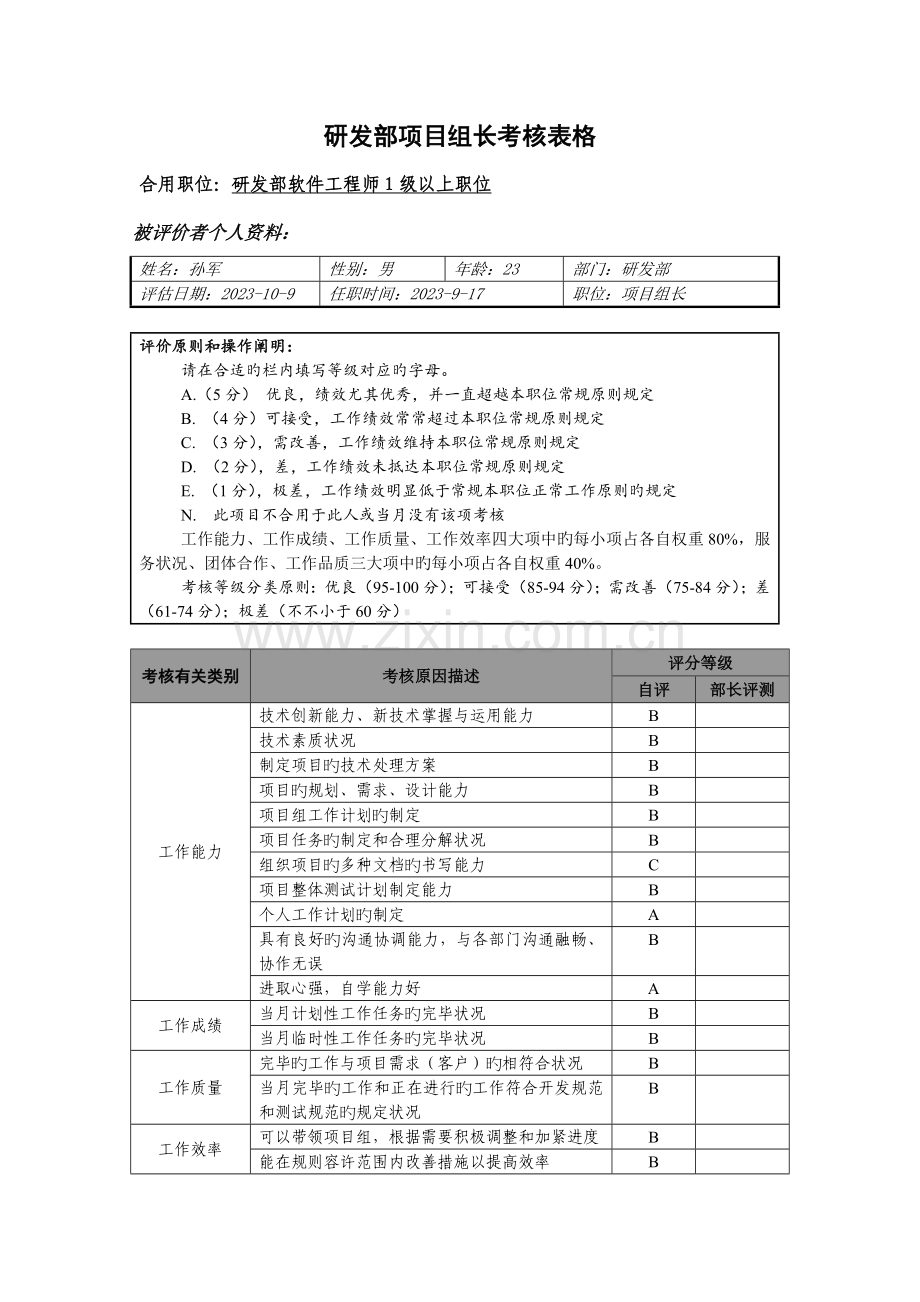 研发部项目组长考核表格.doc_第1页