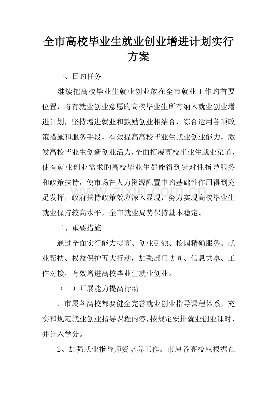 全市高校毕业生就业创业促进计划实施方案.docx_第1页