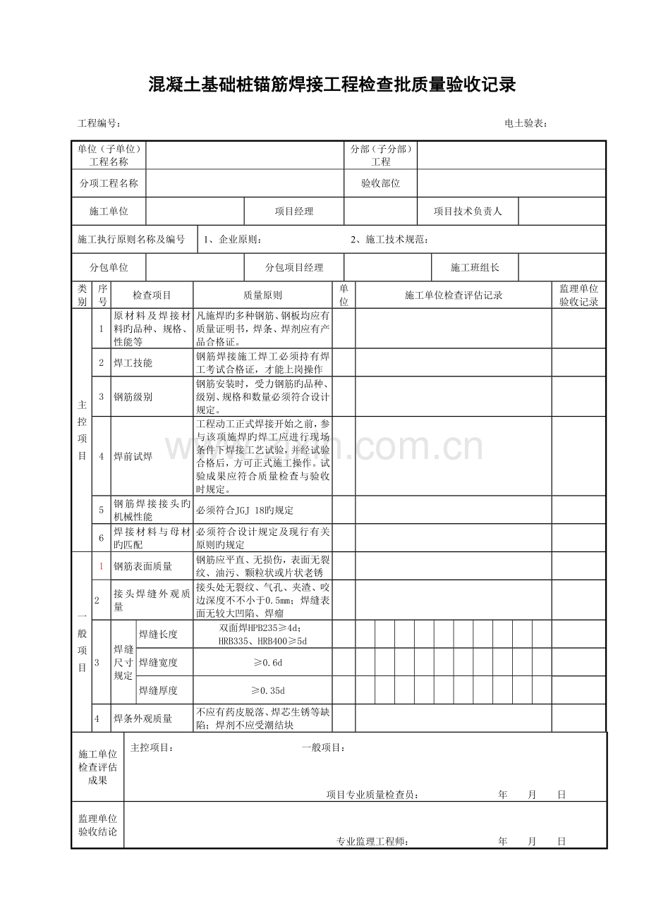 混凝土基础桩锚筋焊接工程检验批质量验收记录.docx_第1页