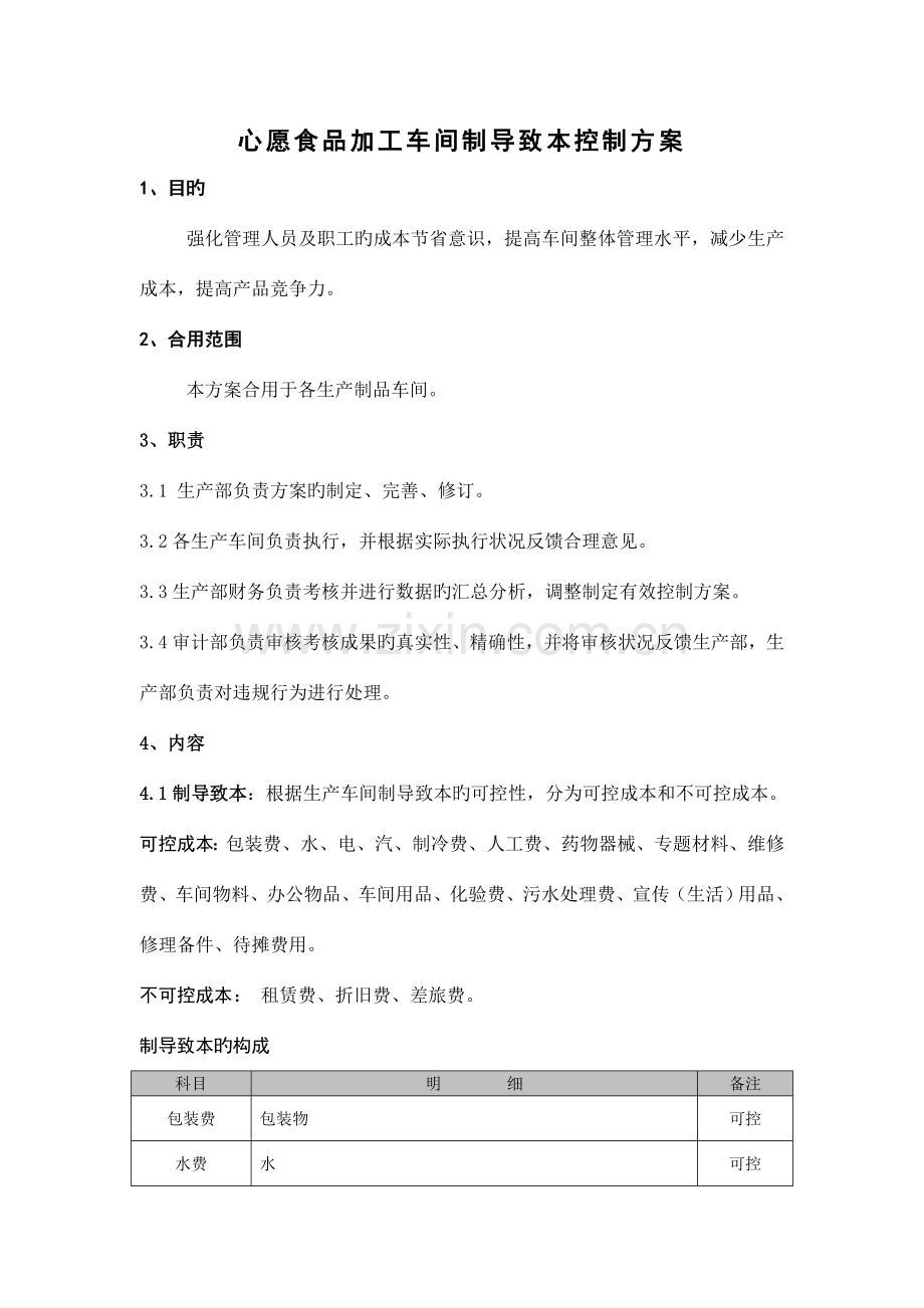 心愿食品加工车间制造成本控制方案.doc_第1页