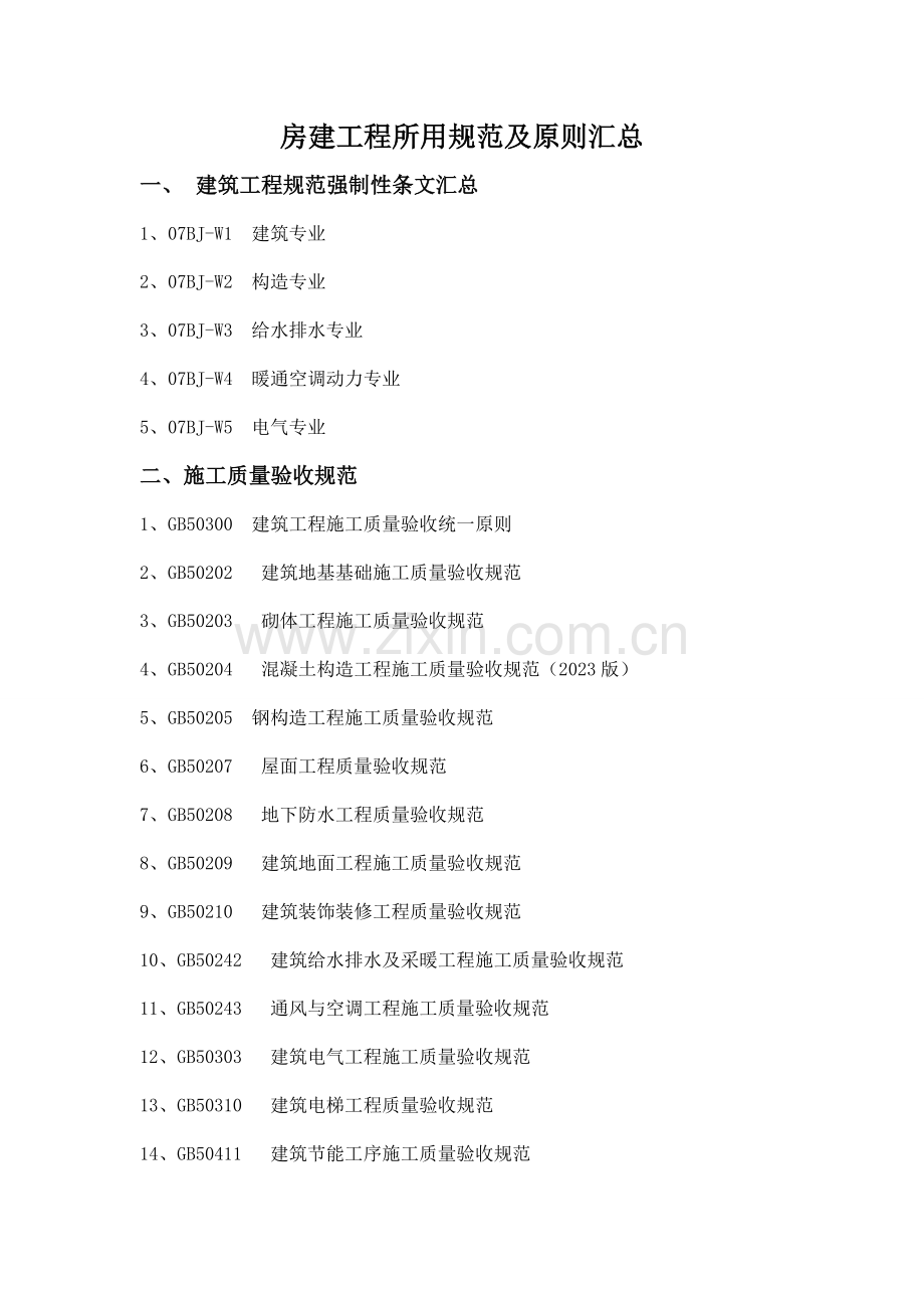 房建工程所用规范及标准汇总.doc_第1页