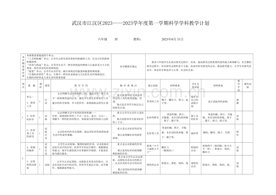 2023年六级科学上册教学计划.doc_第1页