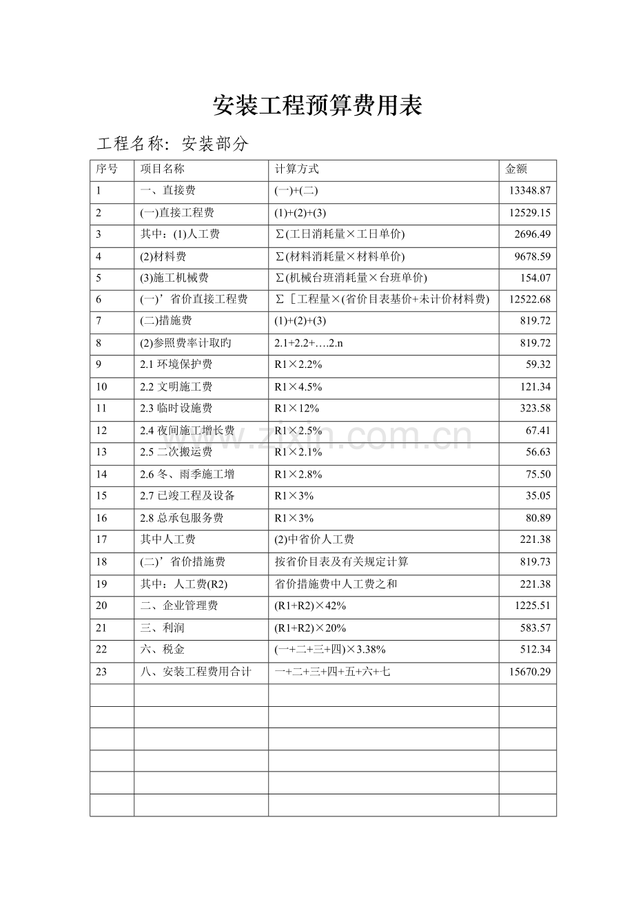 安装工程预算费用表.doc_第1页