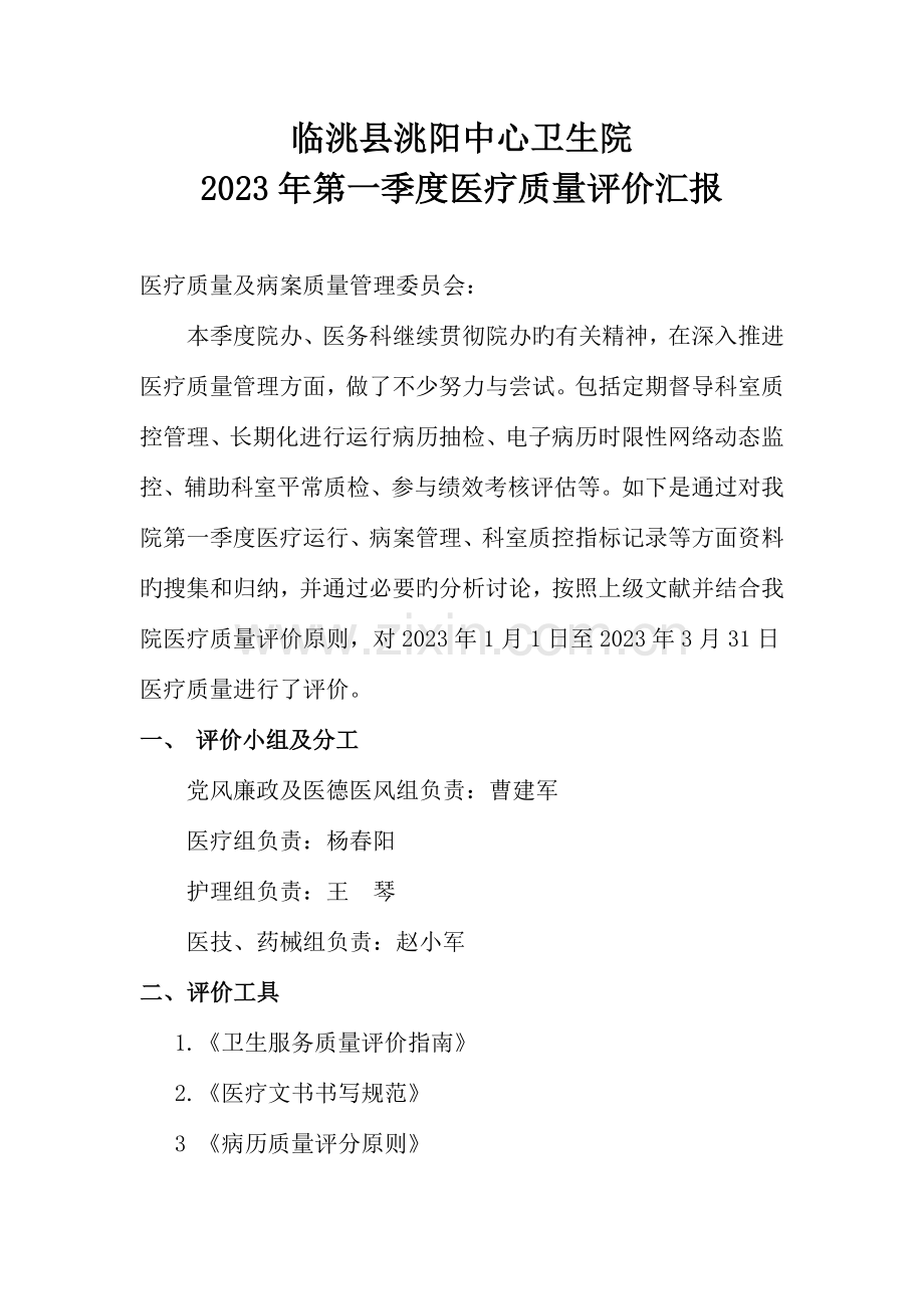 临洮县洮阳中心卫生院第一季度医疗质量评价报告.docx_第1页