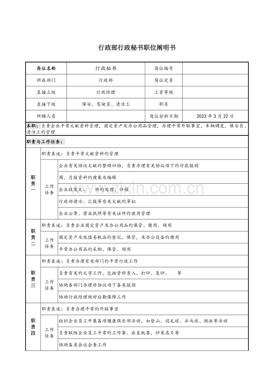 行政部行政秘书职位说明书.docx_第1页