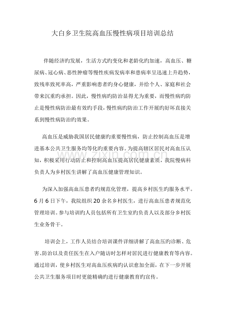 大白乡卫生院高血压慢性病项目培训总结.docx_第1页